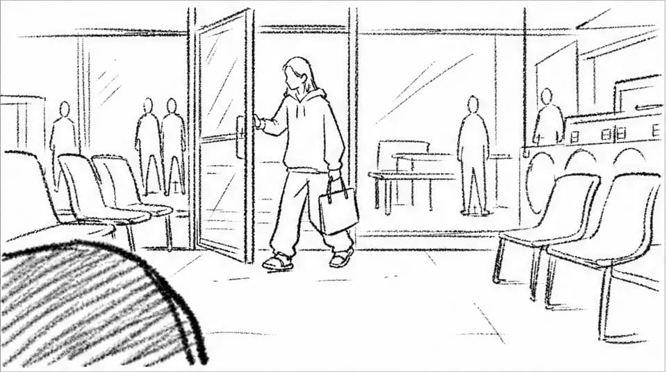 유리문 너머, 유진이 들어온다 — 「새벽 두 시」 WS 컷