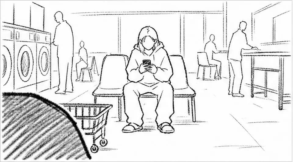 폰을 내려다보는 유진 — 「새벽 두 시」 WS 컷