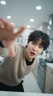 쇼츠 콘티 컷 — 렌즈 쪽으로 손을 뻗으며 말하는 인물