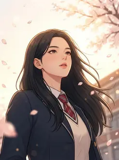 웹툰 콘티 컷 — 벚꽃 아래에서 올려다보는 인물