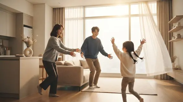 아파트 광고 콘티 컷 — 아침 빛이 든 거실로 뛰어드는 아이