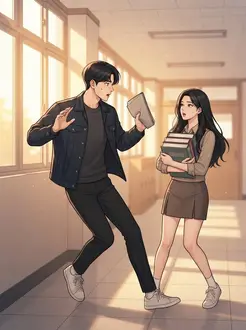 웹툰 로맨스 콘티 컷 — 복도에서 마주쳐 멈춘 두 학생