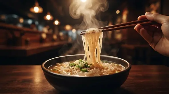 식품 광고 콘티 컷 — 국수를 들어올리는 젓가락과 김