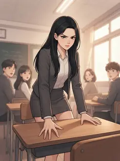 웹툰 학원물 콘티 컷 — 교실 책상을 짚고 일어서는 인물