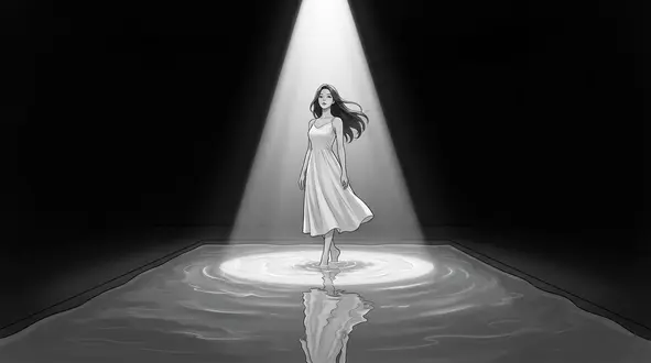 컨셉 뮤직비디오 콘티 컷 — 물이 깔린 백색 스튜디오의 인물