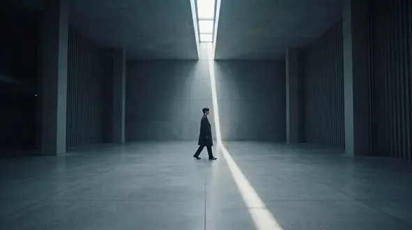 공간 브랜드 필름 콘티 컷 — 천창 빛이 떨어지는 콘크리트 홀